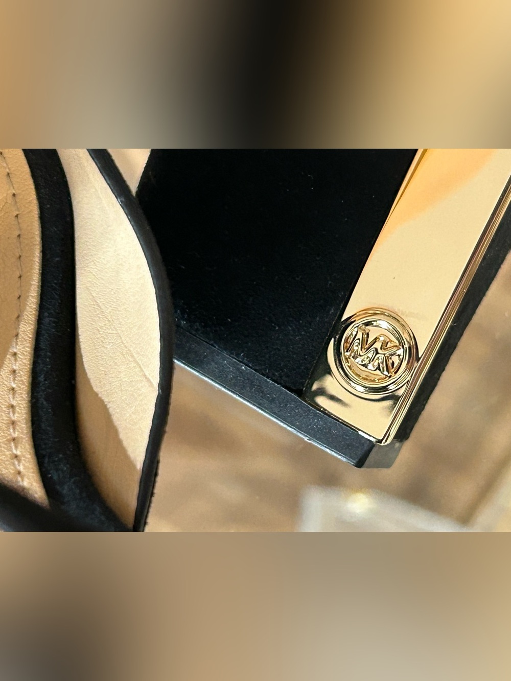 Michael Kors Black Suede Leather Platform Heels with Gold Block Heel Size 7 - Picture 6 of 16